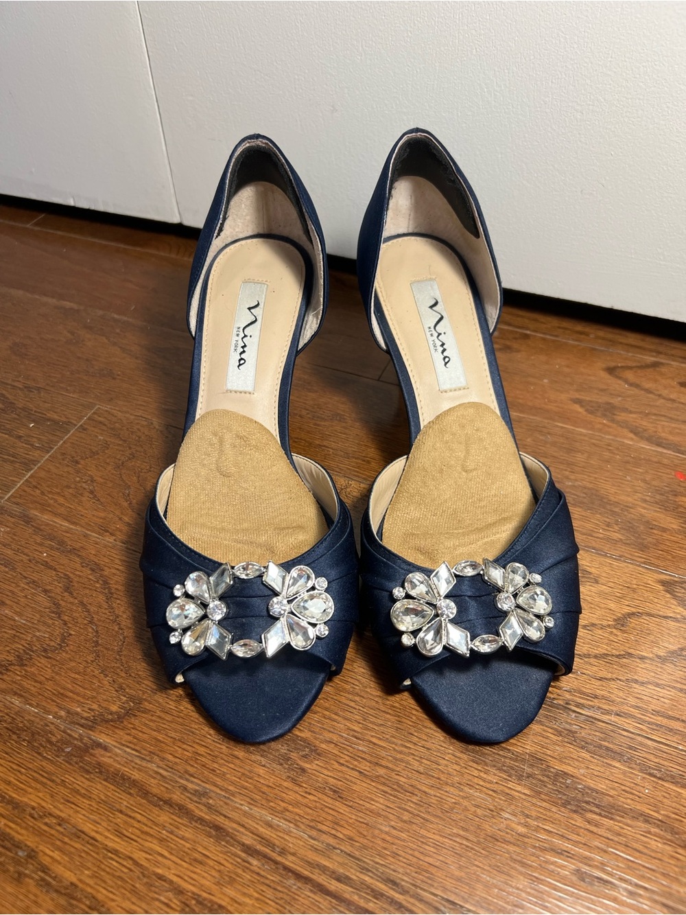 Nina Navy Satin Open-Toe Heels with Crystal Embellishment